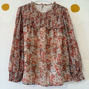 EUC Roolee Floral Smocked Long Sleeve Blouse - Rust and Cream